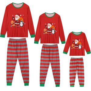 Child's Christmas 2pcs Pajama Set Striped Snowman Long Sleeve Sleepwear Red